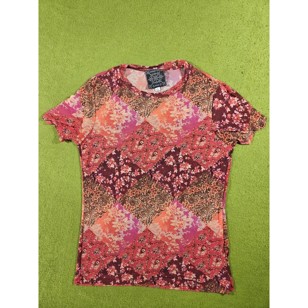 Johnny Was Jade Josephina Mesh Knit Top Tee Sz M Sheer Colorful Floral Red